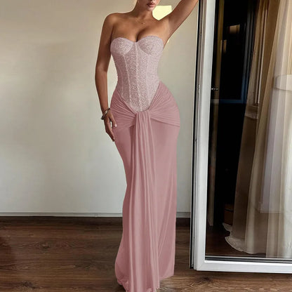 Backless Sequin Ribbon Maxi Dress