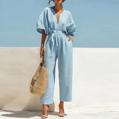 Lace-Up High Waist Half Sleeve Jumpsuit