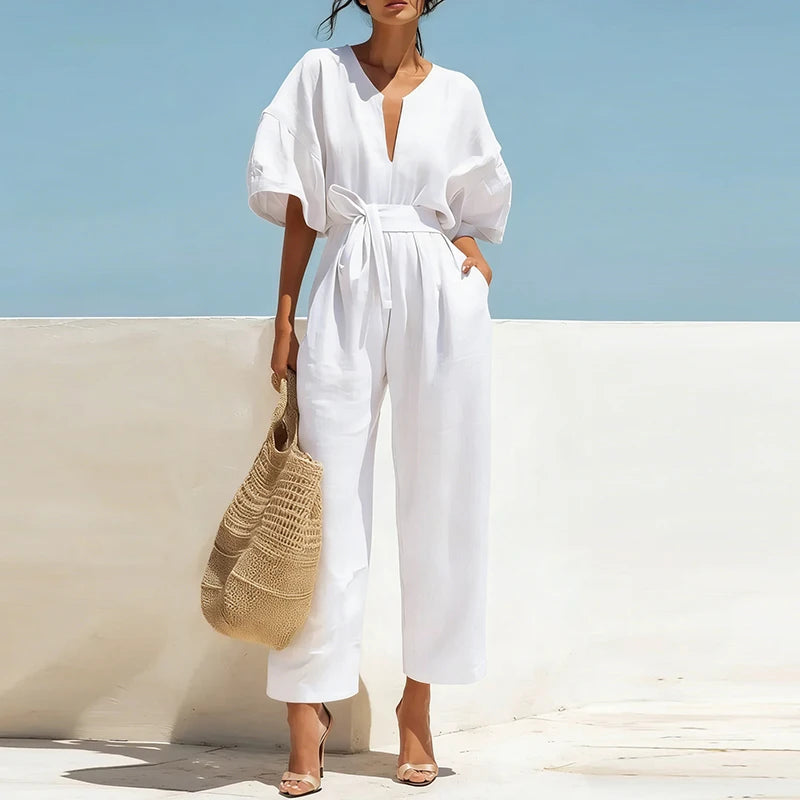 Lace-Up High Waist Half Sleeve Jumpsuit