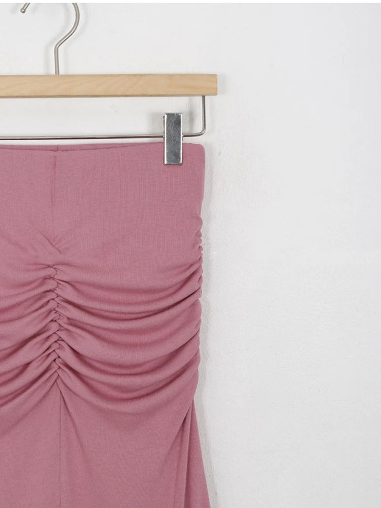 Pink Shirred Satin Midi Skirt