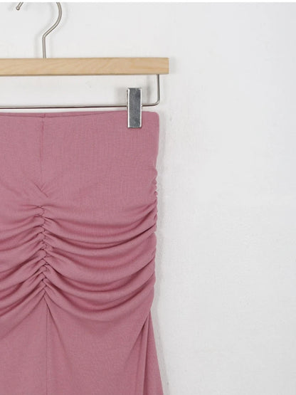 Pink Shirred Satin Midi Skirt