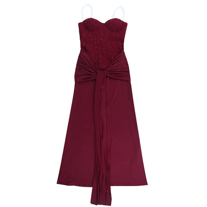 Backless Sequin Ribbon Maxi Dress
