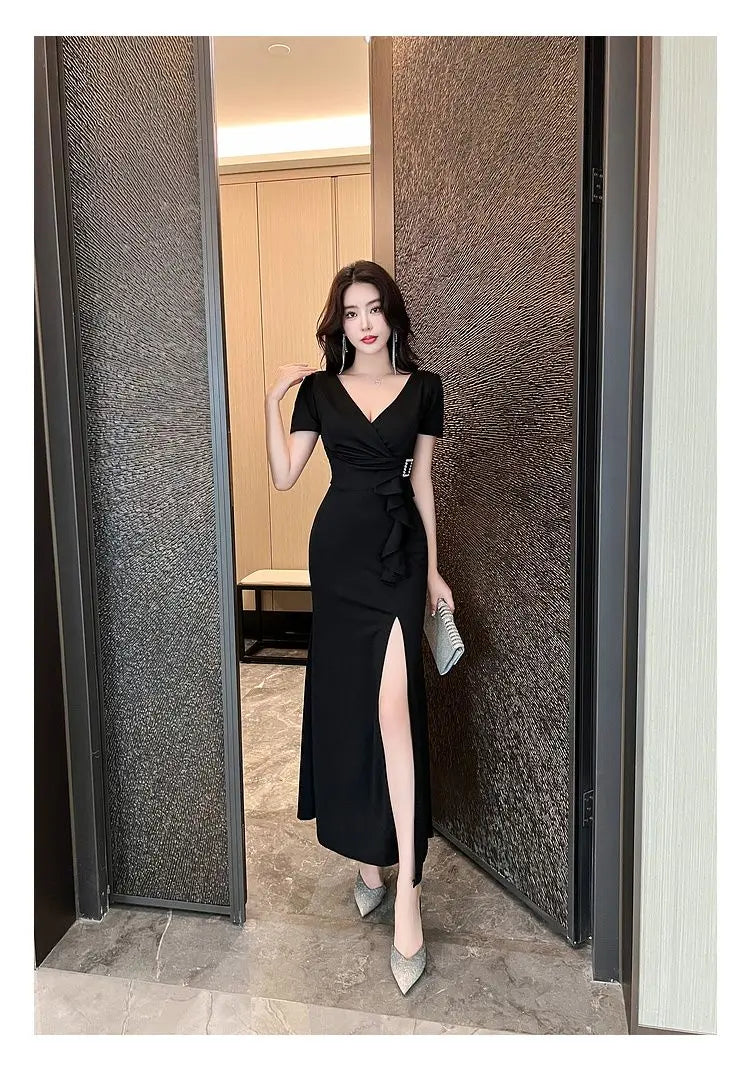 Asymmetric V-Neck Ankle Dress