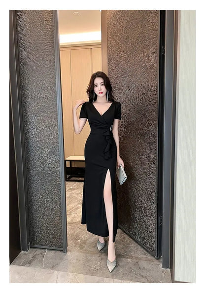 Asymmetric V-Neck Ankle Dress