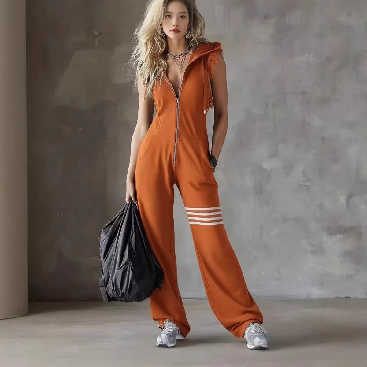 Striped Hooded Sleeveless Jumpsuit