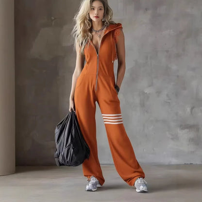 Striped Hooded Sleeveless Jumpsuit