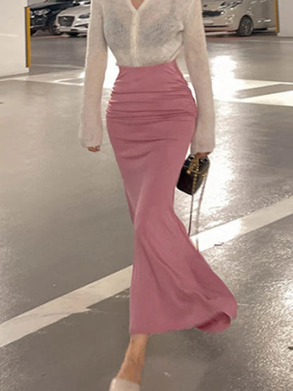 Pink Shirred Satin Midi Skirt