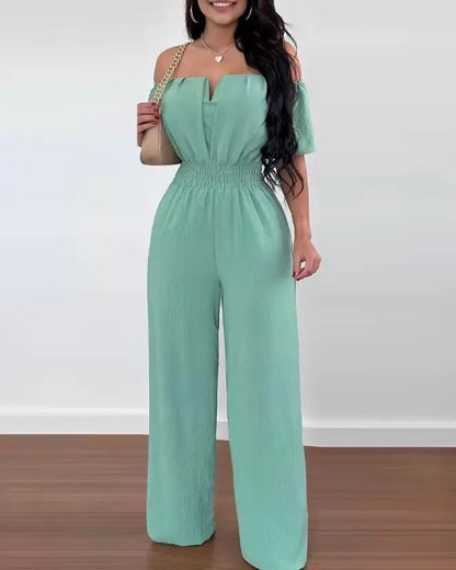 Off Shoulder Shirred Waist Jumpsuit