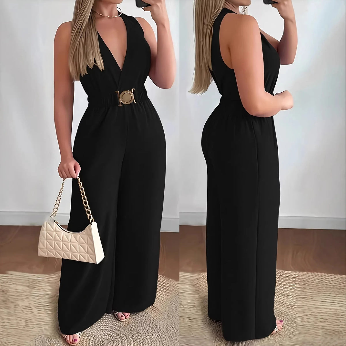 Deep V Sleeveless Wide Leg Jumpsuit