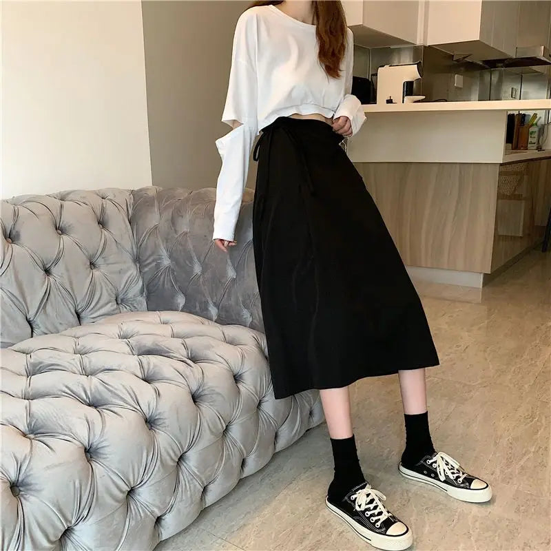 Korean Pleated Lace-Up Midi Skirt
