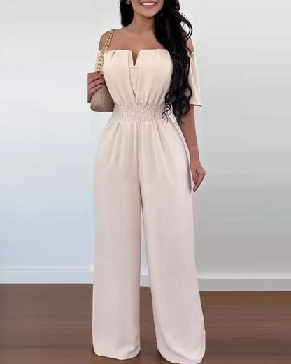 Off Shoulder Shirred Waist Jumpsuit