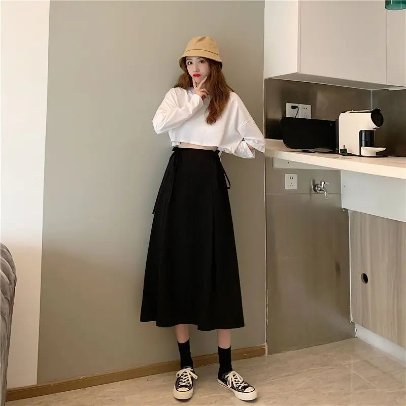 Korean Pleated Lace-Up Midi Skirt