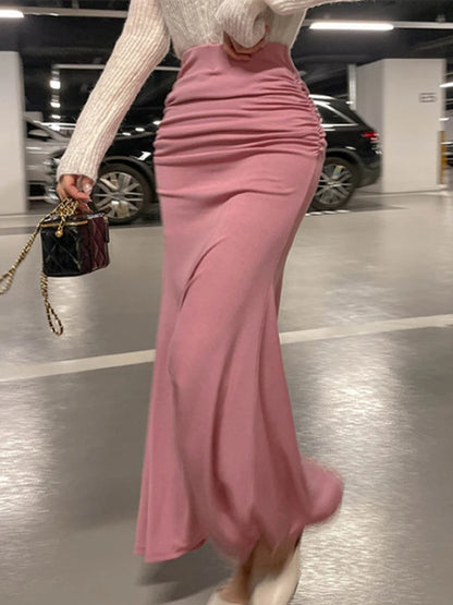 Pink Shirred Satin Midi Skirt