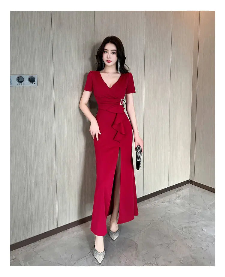 Asymmetric V-Neck Ankle Dress