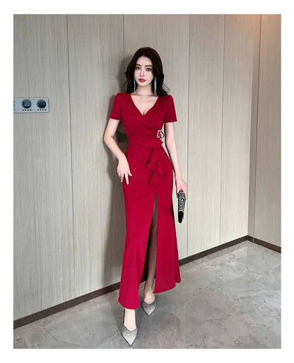Asymmetric V-Neck Ankle Dress