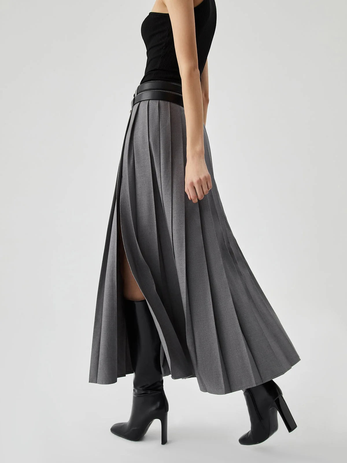 Grey Pleated Slit Ankle Skirt