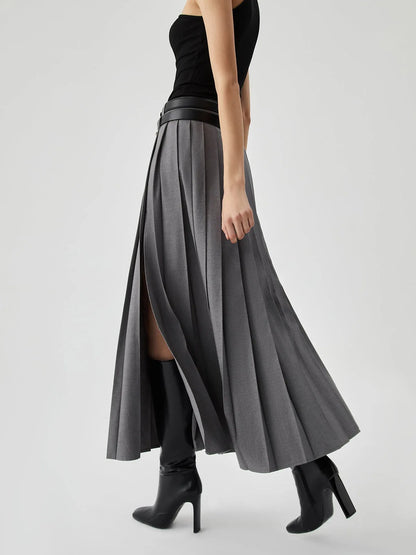 Grey Pleated Slit Ankle Skirt