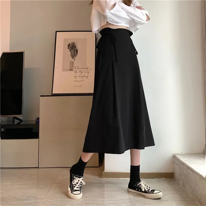 Korean Pleated Lace-Up Midi Skirt