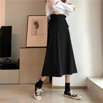 Korean Pleated Lace-Up Midi Skirt