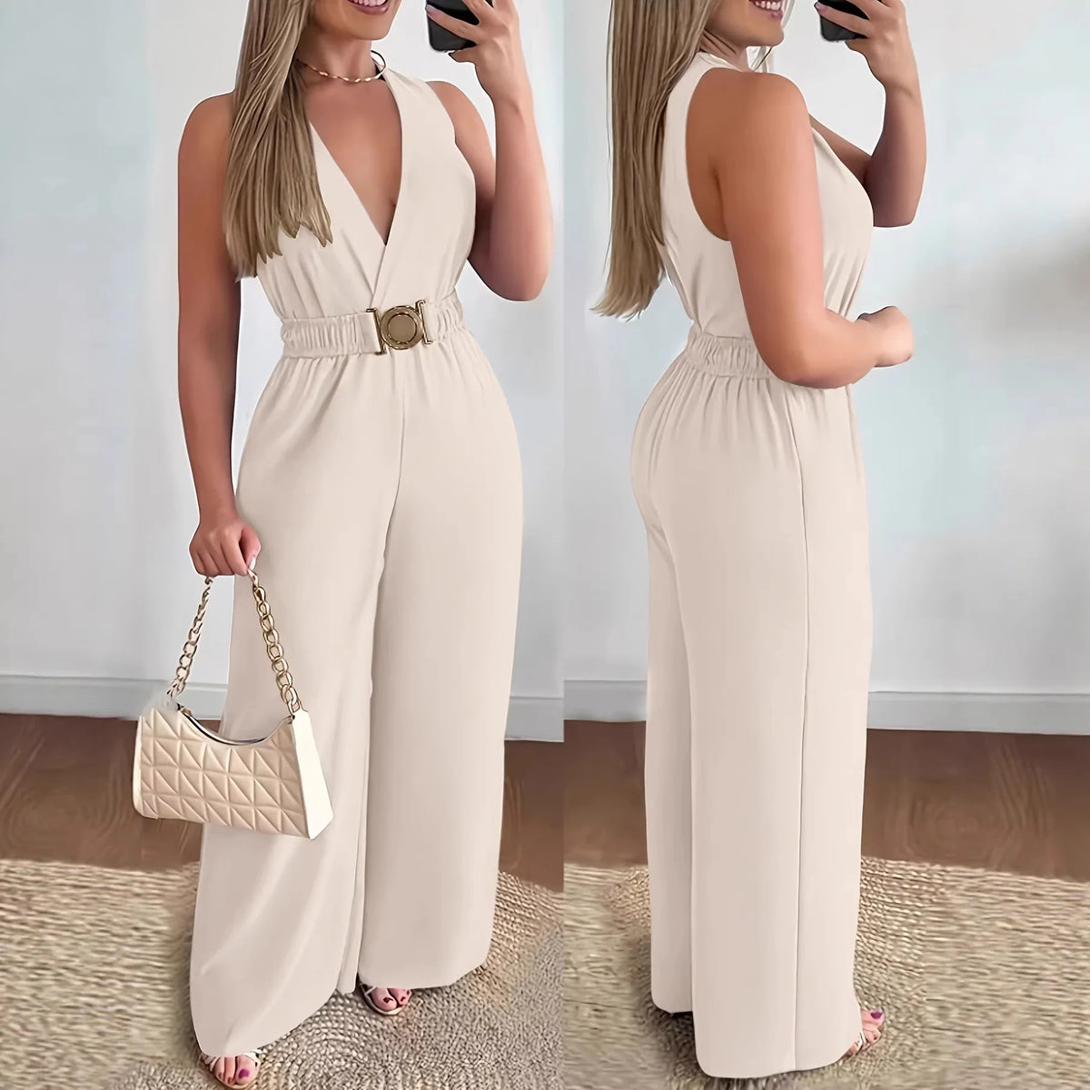 Deep V Sleeveless Wide Leg Jumpsuit