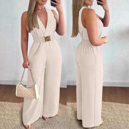 Deep V Sleeveless Wide Leg Jumpsuit