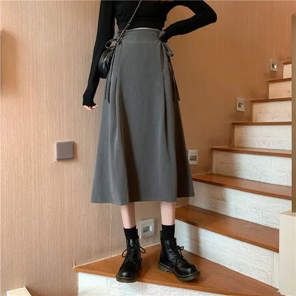 Korean Pleated Lace-Up Midi Skirt