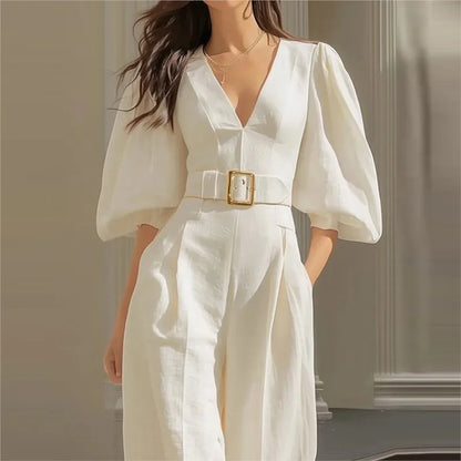 Puff Sleeve Belted Wide Leg Jumpsuit
