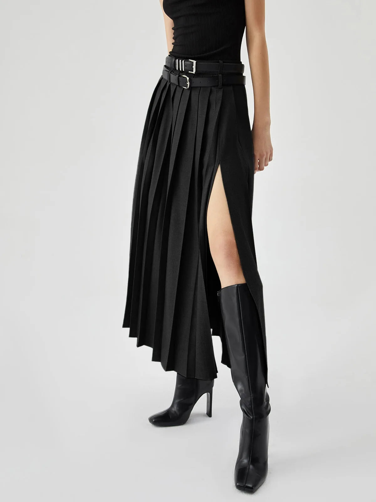 Grey Pleated Slit Ankle Skirt