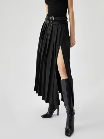 Grey Pleated Slit Ankle Skirt