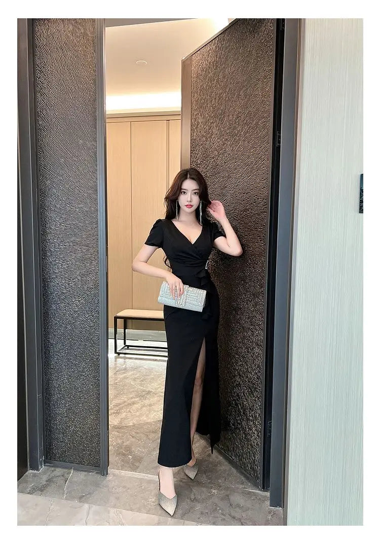 Asymmetric V-Neck Ankle Dress