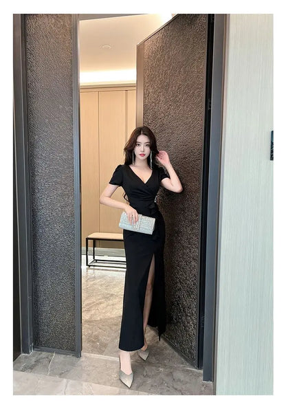 Asymmetric V-Neck Ankle Dress