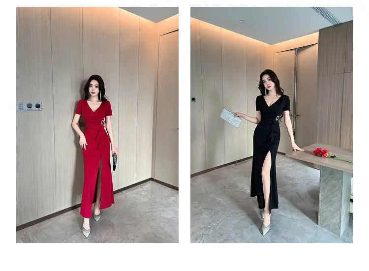 Asymmetric V-Neck Ankle Dress
