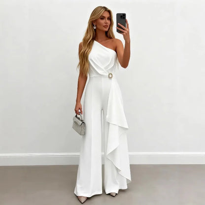 White One Shoulder Ruffle Jumpsuit