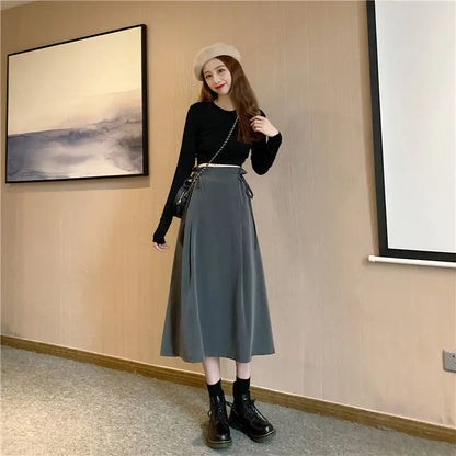 Korean Pleated Lace-Up Midi Skirt