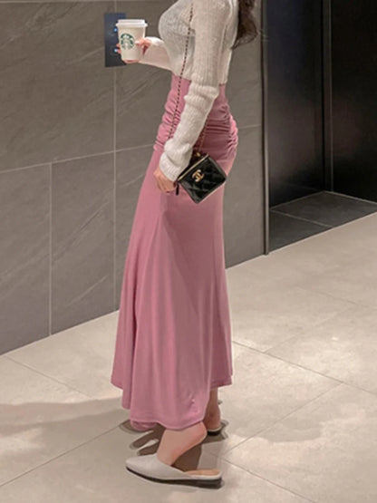 Pink Shirred Satin Midi Skirt