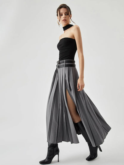 Grey Pleated Slit Ankle Skirt