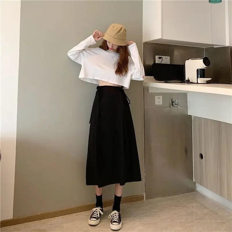 Korean Pleated Lace-Up Midi Skirt