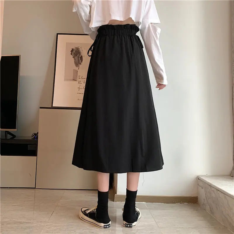 Korean Pleated Lace-Up Midi Skirt