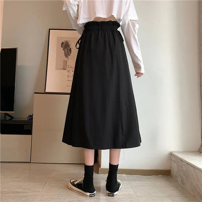 Korean Pleated Lace-Up Midi Skirt