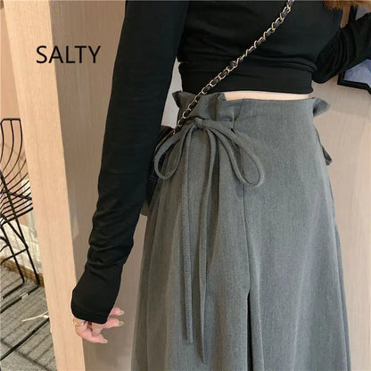 Korean Pleated Lace-Up Midi Skirt