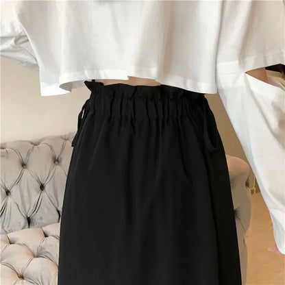 Korean Pleated Lace-Up Midi Skirt