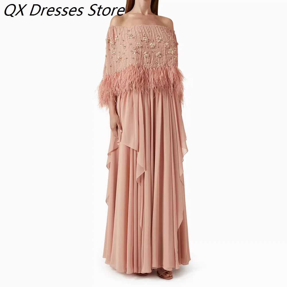 Feather Off-Shoulder Prom Gown