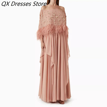 Feather Off-Shoulder Prom Gown