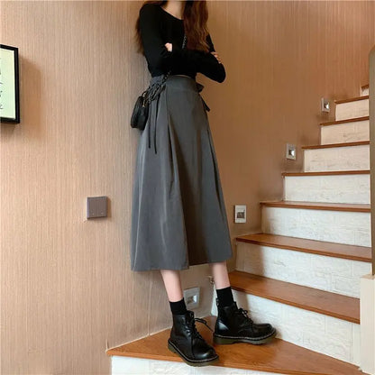 Korean Pleated Lace-Up Midi Skirt