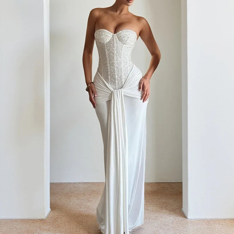 Backless Sequin Ribbon Maxi Dress