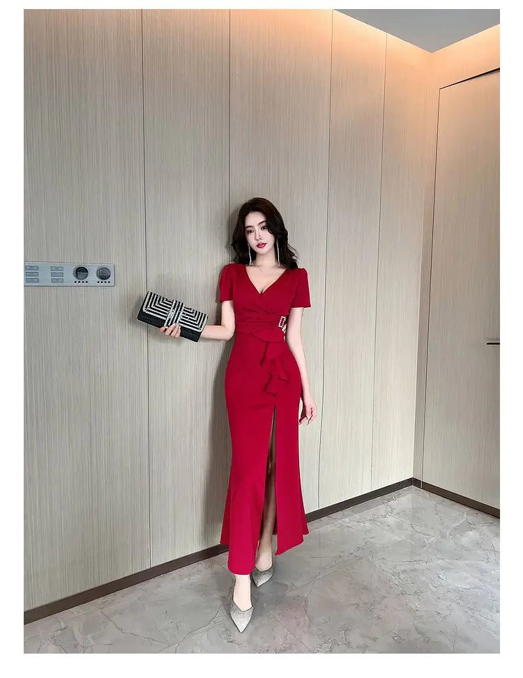 Asymmetric V-Neck Ankle Dress