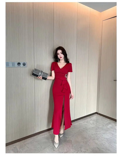 Asymmetric V-Neck Ankle Dress