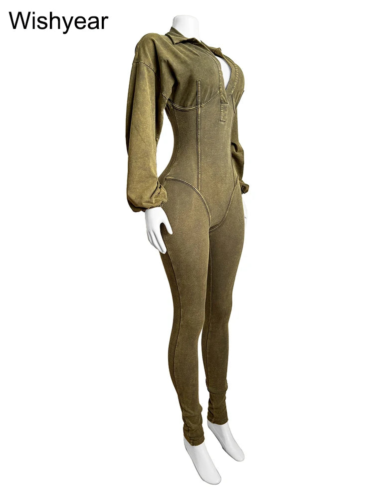 Pink Lapel Long Sleeve Jumpsuit