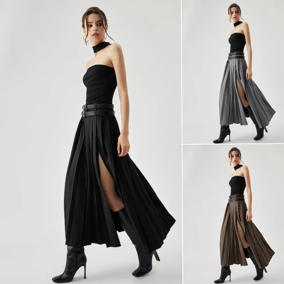 Grey Pleated Slit Ankle Skirt