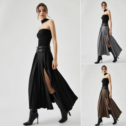 Grey Pleated Slit Ankle Skirt